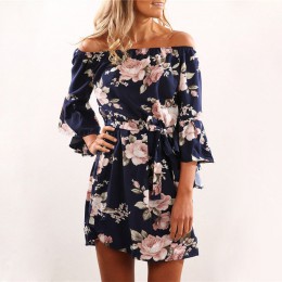 Kobiety sukienka 2019 lato Sexy Off ramię szyfonowa sukienka z kwiatowym wzorem w stylu Boho krótka sukienki plażowe Vestidos de