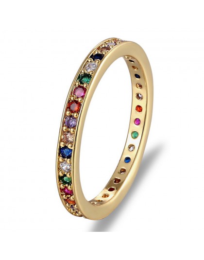 Kolorowy CZ Eternity Band Ring cienki chudy zaręczynowy ślub Birthstone kolor tęczy klasyczne proste okrągłe koło pierścienie