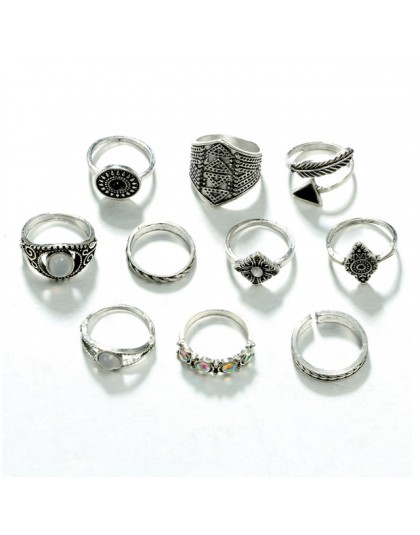 Tocona 10 sztuk/zestaw Bohemia Antique srebrna strzała liść rzeźbione pierścienie zestawy Rhinestone Knuckle pierścienie dla kob