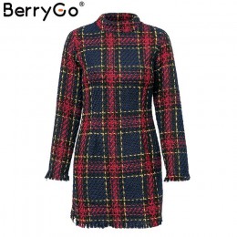 BerryGo eleganckie biuro lady plaid winter dress 2018 z długim rękawem stanąć kołnierz gruba ciepła sukienka z frędzlami moda sz