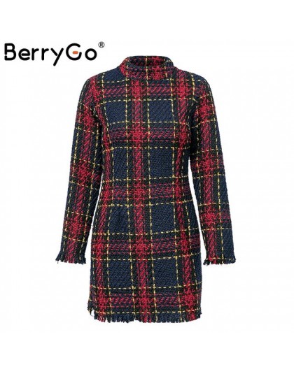 BerryGo eleganckie biuro lady plaid winter dress 2018 z długim rękawem stanąć kołnierz gruba ciepła sukienka z frędzlami moda sz