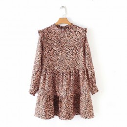 2019 kobiet w stylu vintage plisowane ruffles wzór w cętki mini sukienka kobiet o szyi z długim rękawem casual vestidos chic sło