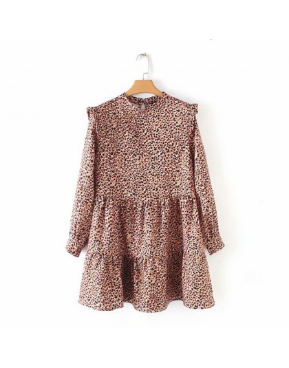 2019 kobiet w stylu vintage plisowane ruffles wzór w cętki mini sukienka kobiet o szyi z długim rękawem casual vestidos chic sło