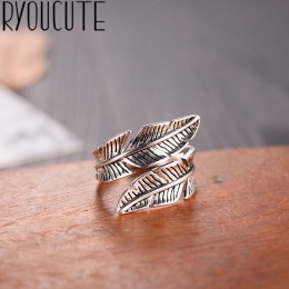 2019 Bijoux moda prawdziwe 925 srebro pierścionki z piór dla kobiet Boho regulowany S925 antyczne pierścienie Anillos joyas de p