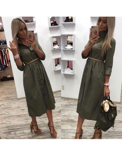 Casual Sashes linia kobiety sukienka damska z długim rękawem skręcić w dół kołnierz Fashion Party Dress jesień elegancka długa s