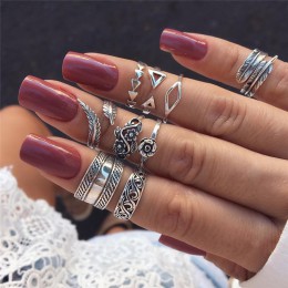 9 sztuk/zestaw Vintage srebrna strzała liść kwiat rzeźbione Knuckle zestaw pierścieni dla kobiet bohema puste geometryczne pierś