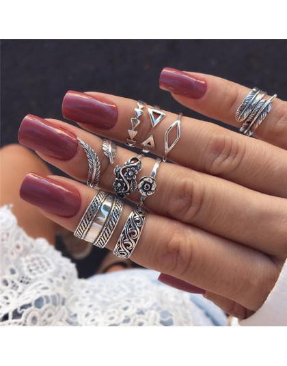 9 sztuk/zestaw Vintage srebrna strzała liść kwiat rzeźbione Knuckle zestaw pierścieni dla kobiet bohema puste geometryczne pierś