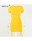 Articat biała Ruched plisowana sukienka bodycon kobiety sznurkiem z krótkim rękawem mini impreza sukienka jednolity, w stylu bas