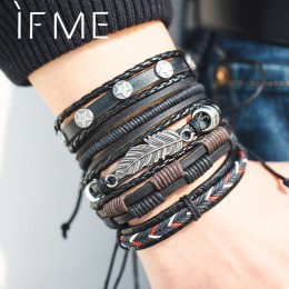 IF ME Vintage Leaf Feather wielowarstwowa skórzana bransoletka moda męska pleciona ręcznie Star Rope bransoletki i Bangles męski