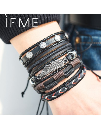 IF ME Vintage Leaf Feather wielowarstwowa skórzana bransoletka moda męska pleciona ręcznie Star Rope bransoletki i Bangles męski