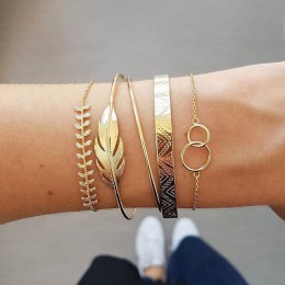 Zestaw ślicznych bransoletek na rękę boho złote srebrne liście cienkie lekkie efektowne stylowe