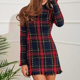 Kobiety Plaid sweter wysokiej talii obcisła sukienka z długim rękawem Mini sukienki moda damska z długim rękawem bawełna Casual 