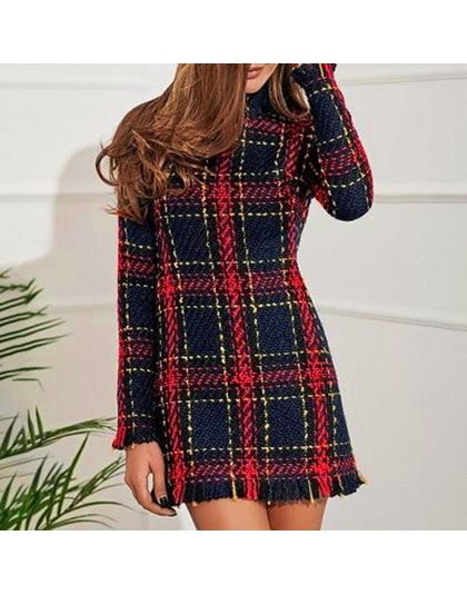 Kobiety Plaid sweter wysokiej talii obcisła sukienka z długim rękawem Mini sukienki moda damska z długim rękawem bawełna Casual 