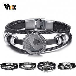 Vnox Lucky Vintage męska skórzana bransoletka karty do gry Raja Vegas urok wielowarstwowe plecione kobiety Pulseira Masculina 7.