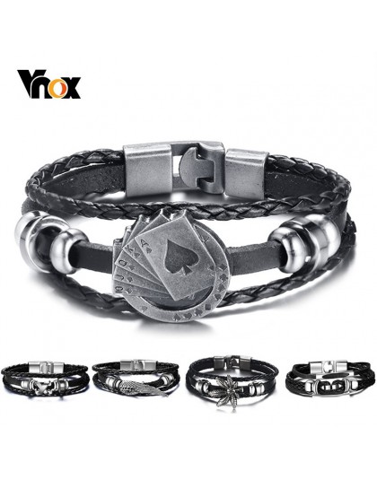Vnox Lucky Vintage męska skórzana bransoletka karty do gry Raja Vegas urok wielowarstwowe plecione kobiety Pulseira Masculina 7.