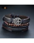 Vnox 4 sztuk/zestaw pleciony szal skórzane bransoletki dla mężczyzn Vintage Life Tree steru drewniana bransoletka Charm koraliki