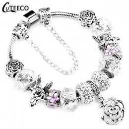 CUTEECO Antique srebrny kolor bransoletki i Bangles dla kobiet kryształową kwiatową wróżkę koralik Charm bransoletka biżuteria P