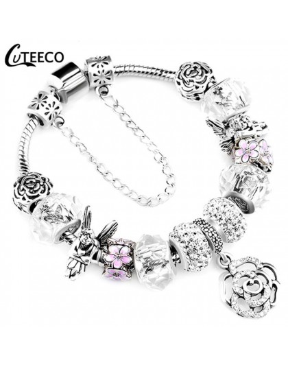 CUTEECO Antique srebrny kolor bransoletki i Bangles dla kobiet kryształową kwiatową wróżkę koralik Charm bransoletka biżuteria P