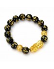 Piękna obsydianowa bransoleta z wizerunkiem Pi Xiu z koralikami czarno złota damska męska unisex