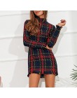Kobiety Plaid sweter wysokiej talii obcisła sukienka z długim rękawem Mini sukienki moda damska z długim rękawem bawełna Casual 