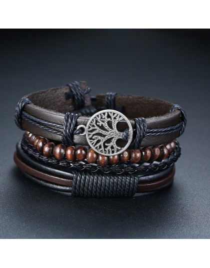 Vnox 4 sztuk/zestaw pleciony szal skórzane bransoletki dla mężczyzn Vintage Life Tree steru drewniana bransoletka Charm koraliki