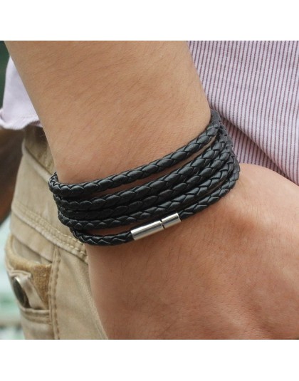 XQNI marka czarny retro Wrap długa skórzana bransoletka bransoletki męskie typu bangle moda sproty łańcuch link mężczyzna charm 