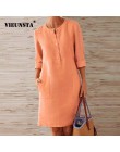 VIEUNSTA jesienna bawełniana lniana sukienka 2019 modny guzik O-Neck kolano Party Dress kobiety z długim rękawem kieszonkowe suk
