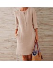 VIEUNSTA jesienna bawełniana lniana sukienka 2019 modny guzik O-Neck kolano Party Dress kobiety z długim rękawem kieszonkowe suk