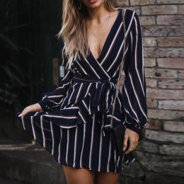 Sukienka kancoold damski modny lampion rękaw w stylu Casual, w paski sukienka z dekoltem w serek Casual wzburzyć mini impreza su