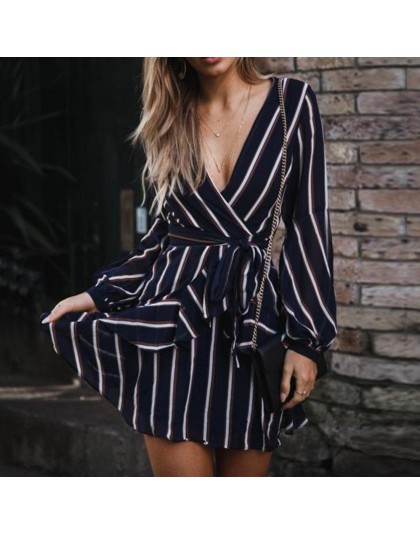 Sukienka kancoold damski modny lampion rękaw w stylu Casual, w paski sukienka z dekoltem w serek Casual wzburzyć mini impreza su