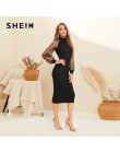 SHEIN Party czarna lub niebieska ołówkowa sukienka bodycon z żakardowym kontrastowym siatkowym rękawem latarnia wiosna kobiet z 