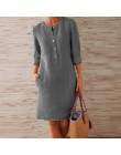 VIEUNSTA jesienna bawełniana lniana sukienka 2019 modny guzik O-Neck kolano Party Dress kobiety z długim rękawem kieszonkowe suk