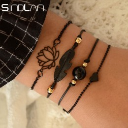 Sindlan 4 sztuk Gothic czarne pióro lotosu zestaw bransoletek serce urok Boho bransoletki dla kobiet na rękę łańcuch bransoletki