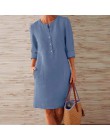 VIEUNSTA jesienna bawełniana lniana sukienka 2019 modny guzik O-Neck kolano Party Dress kobiety z długim rękawem kieszonkowe suk