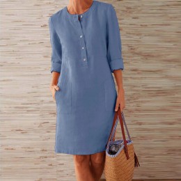 VIEUNSTA jesienna bawełniana lniana sukienka 2019 modny guzik O-Neck kolano Party Dress kobiety z długim rękawem kieszonkowe suk