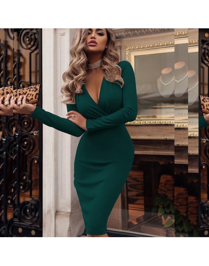 Kobiety w stylu Vintage Sexy obcisła sukienka bodicon na przyjęcie z długim rękawem głębokie V neck jednokolorowa na co dzień el