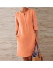 VIEUNSTA jesienna bawełniana lniana sukienka 2019 modny guzik O-Neck kolano Party Dress kobiety z długim rękawem kieszonkowe suk