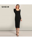 SHEIN czarna komoda Neck Sweetheart bufiaste rękawy Split ołówek zwykły obcisła sukienka kobiety wiosna elegancka sukienka z wys