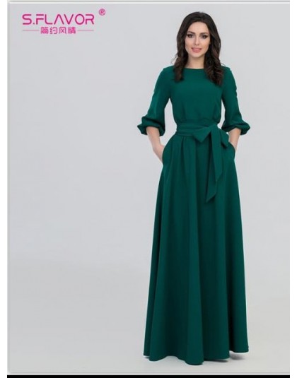 S. FLAVOR kolor zielony kobieta O-Neck długa sukienka styl boho Slim Vestidos Vintage 3/4 latarnia rękaw w stylu casual, letnia 