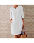 VIEUNSTA jesienna bawełniana lniana sukienka 2019 modny guzik O-Neck kolano Party Dress kobiety z długim rękawem kieszonkowe suk