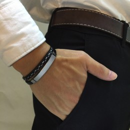 Vnox unikalne linie Sew bransoletki z prawdziwej skóry dla mężczyzn kobiety personalizuj sztabka ze stali nierdzewnej warstwowa 