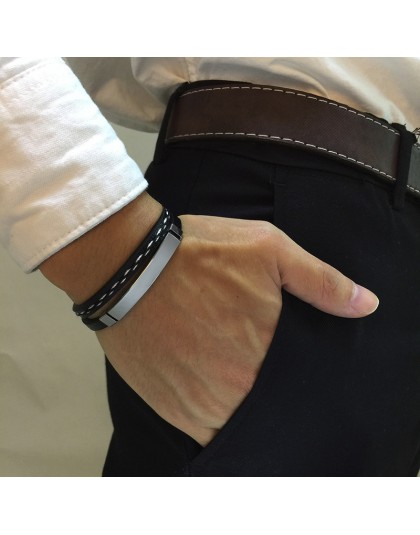 Vnox unikalne linie Sew bransoletki z prawdziwej skóry dla mężczyzn kobiety personalizuj sztabka ze stali nierdzewnej warstwowa 