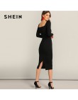 SHEIN czarna komoda Neck Sweetheart bufiaste rękawy Split ołówek zwykły obcisła sukienka kobiety wiosna elegancka sukienka z wys