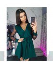 Seksowne szarfy v Neck Party Dress kobiety z długim rękawem Lace Patchwork linia elegancka sukienka 2019 jesień kobieta Club Par