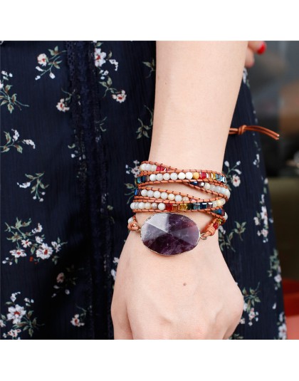Najnowszy unikatowy Chakra kamienie naturalne urok 5 nici bransoletki Handmade bransoletka boho kobiety skórzana bransoletka