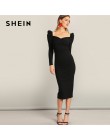 SHEIN czarna komoda Neck Sweetheart bufiaste rękawy Split ołówek zwykły obcisła sukienka kobiety wiosna elegancka sukienka z wys