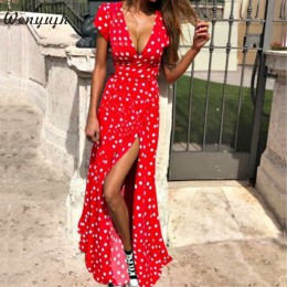 WENYUJH kobiety Polka Dot sukienka z wysokim wycięciem lato Sexy dekolt plaża sukienka boho z krótkim rękawem skrzydła Maxi dług
