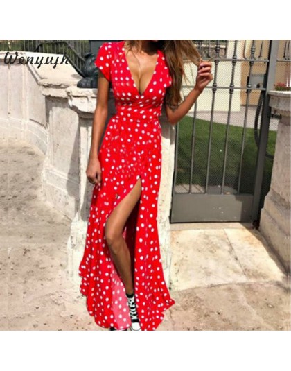 WENYUJH kobiety Polka Dot sukienka z wysokim wycięciem lato Sexy dekolt plaża sukienka boho z krótkim rękawem skrzydła Maxi dług