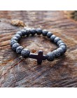 Urok bransoletka z kamienia naturalnego krzyż czarny lawa matowe bransoletki z koralików Handmade mężczyźni kobiety modlitwa Fit