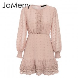 JaMerry Vintage sexy biała koronkowa krótka sukienka kobiety długi rękaw bufka sukienki kropki kobieta luksusowa szczupła mini s